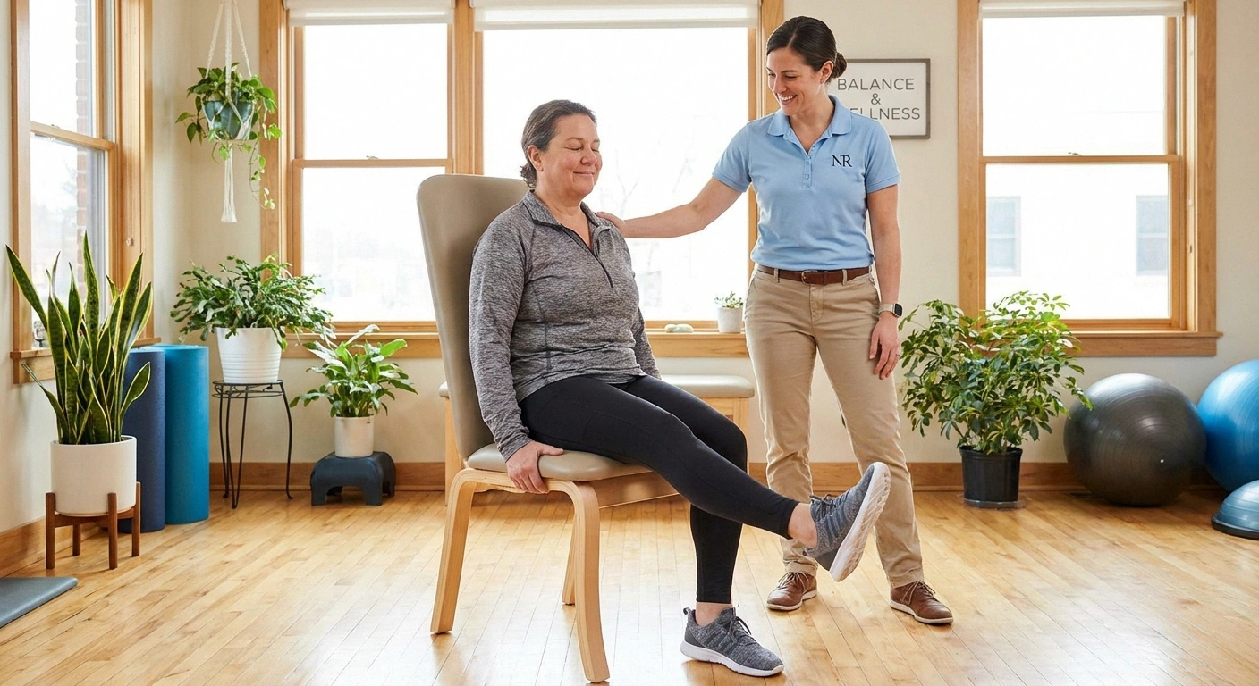 Physical therapist guiding a seated balance exercise for bortezomib-related neuropathy