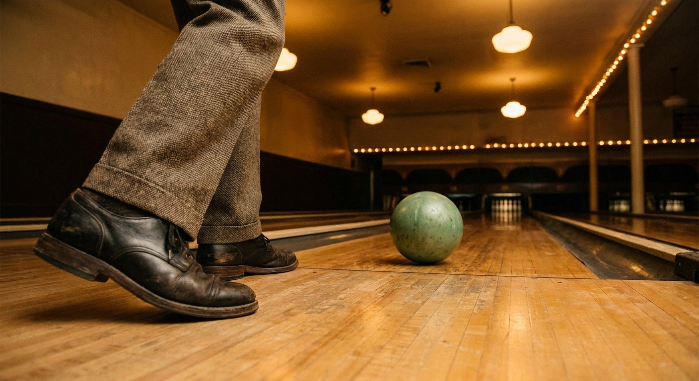 Older bowler using a no-slide plant technique at the foul line to reduce fall risk from neuropathy
