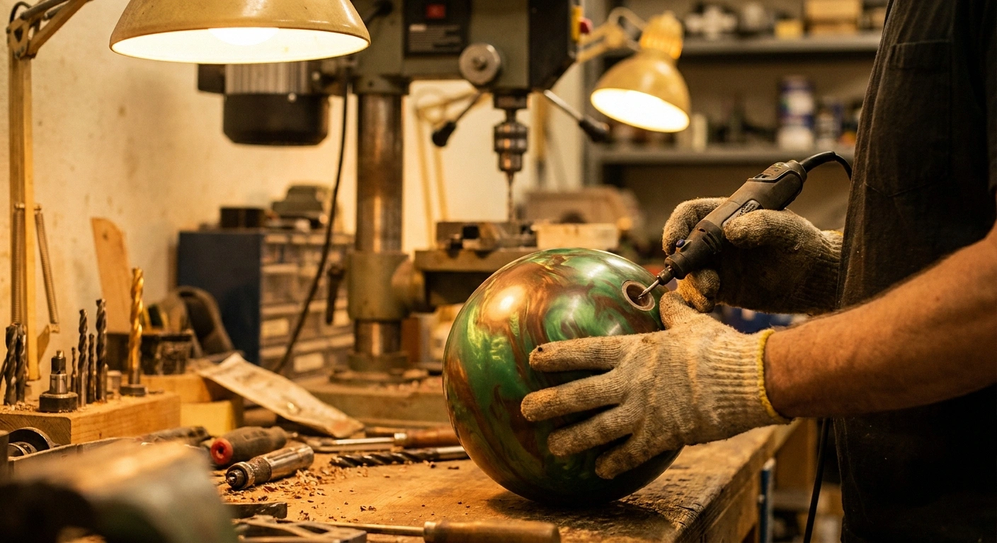 Pro shop worker's hands adjusting a bowling ball thumb hole for a customer with hand neuropathy