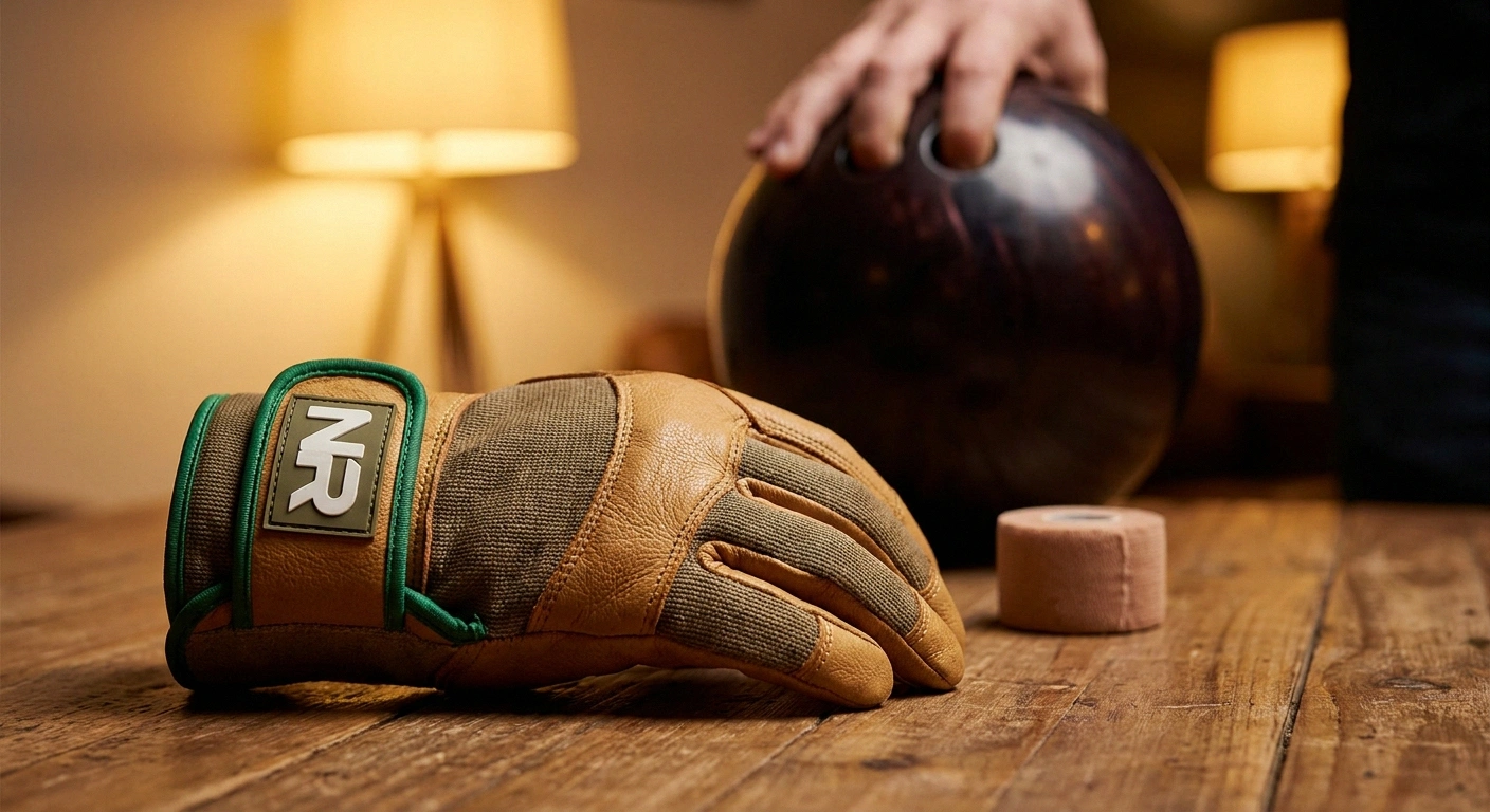 Positional bowling glove with wrist support alongside thumb tape and bowling ball for neuropathy grip support