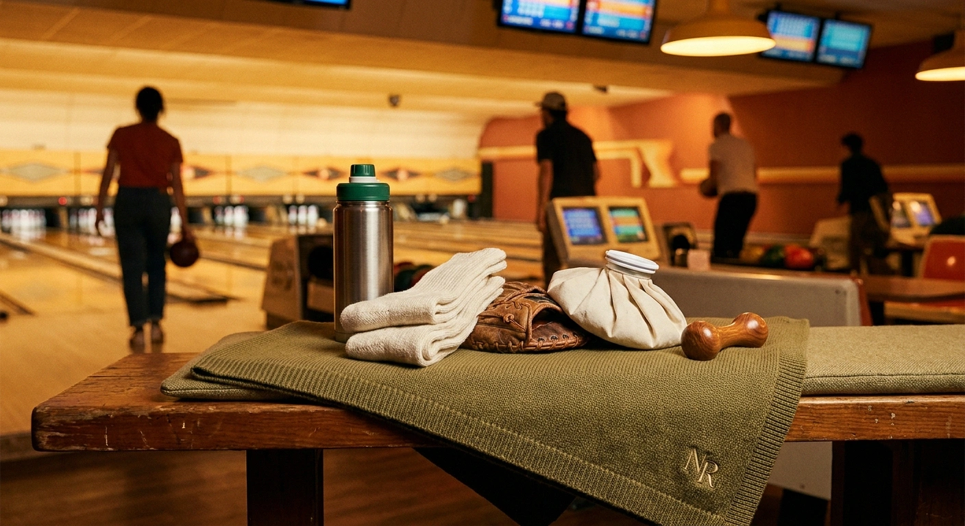 League-night comfort kit on a bowling alley bench with cushion, spare socks, water bottle, and cold pack for neuropathy