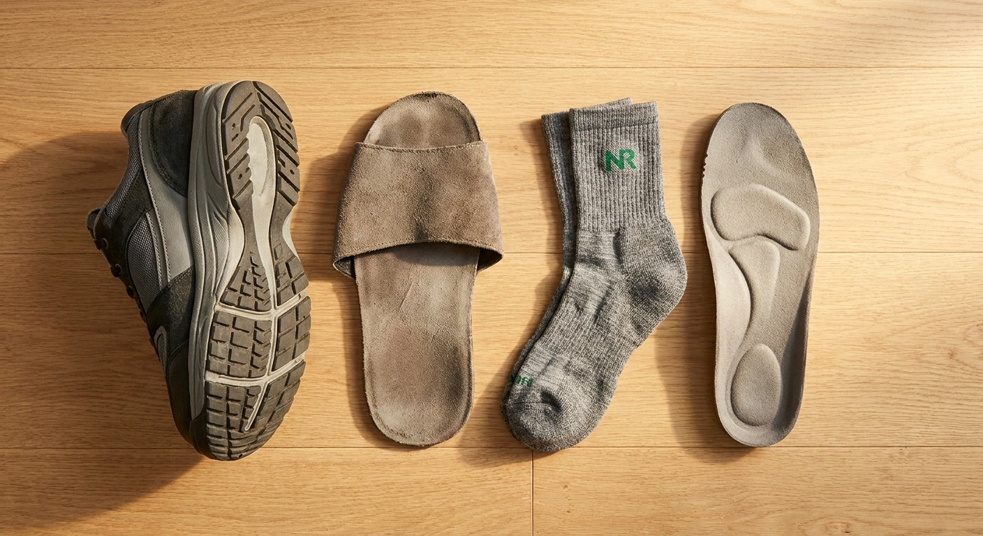 Flat-lay of athletic bowling shoes with rubber outsole, merino wool socks, and a cushioned insole for neuropathy safety
