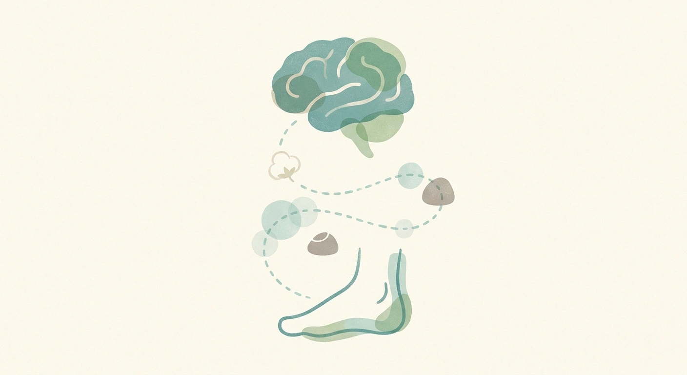 Editorial illustration of the brain filling in missing sole sensations with imagined textures like cotton and pebbles