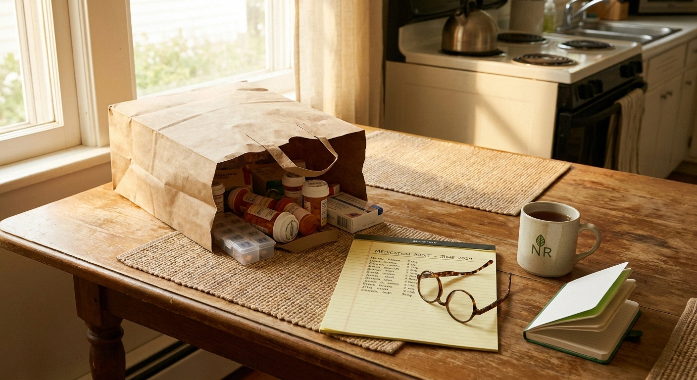 Kitchen table brown-bag medication review with prescription bottles, supplements, and a written medication list ready for pharmacist review
