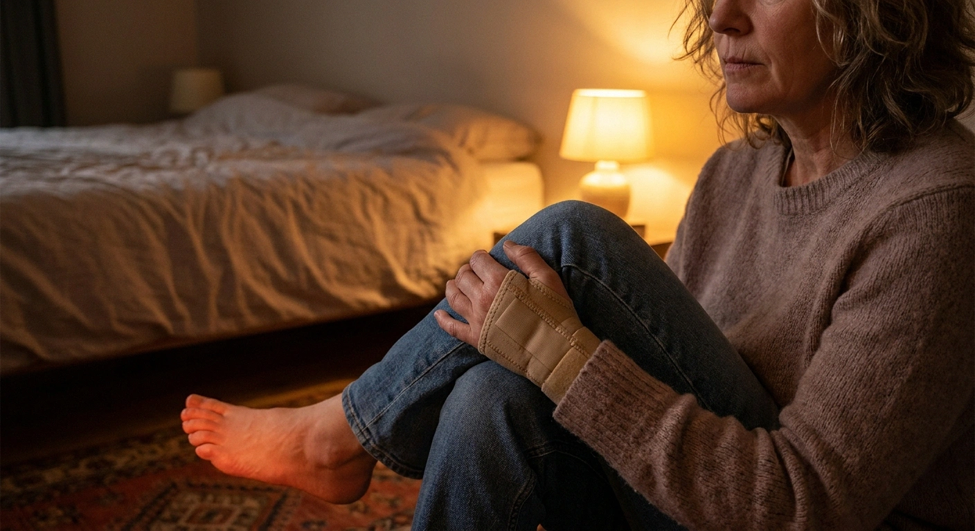 Person with both carpal tunnel wrist splint and peripheral neuropathy foot symptoms