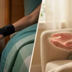 Split image comparing a wrist splint for carpal tunnel with symmetric hand tingling of peripheral neuropathy