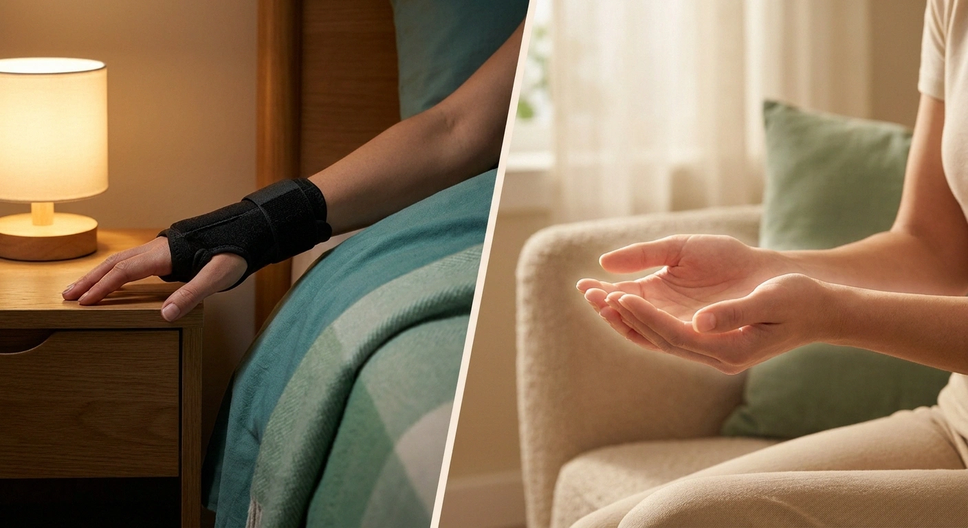Split image comparing a wrist splint for carpal tunnel with symmetric hand tingling of peripheral neuropathy