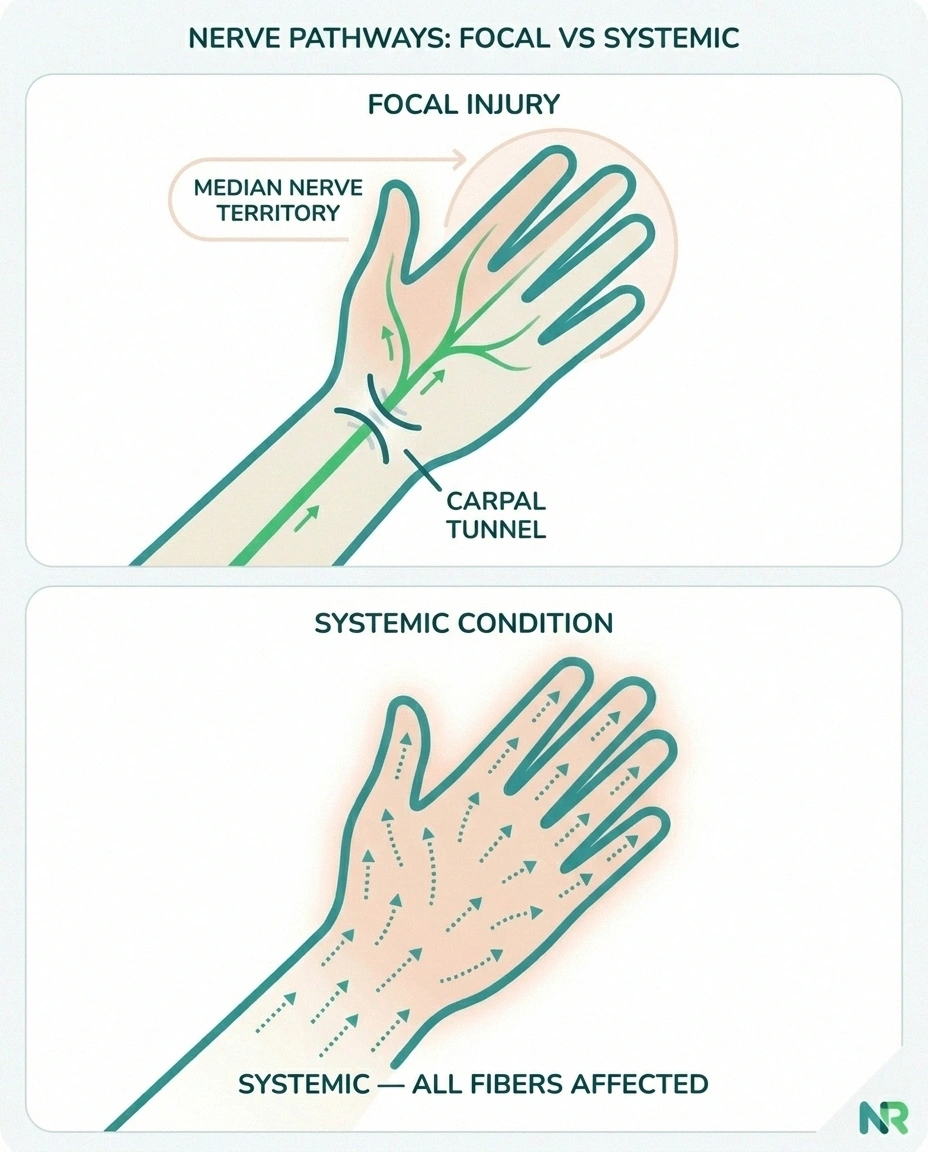 Median nerve compression at carpal tunnel versus diffuse peripheral neuropathy affecting all fingers