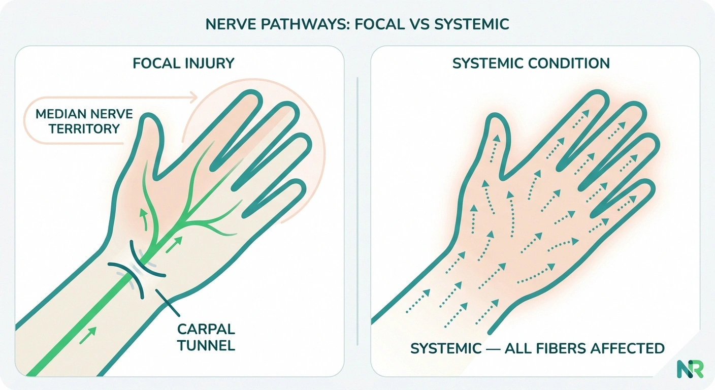 Median nerve compression at carpal tunnel versus diffuse peripheral neuropathy affecting all fingers