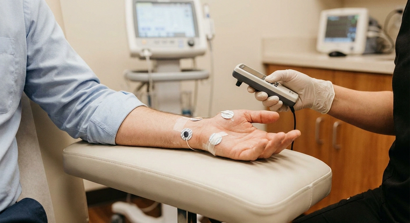 Nerve conduction study electrodes placed on a patient's wrist and hand during neurology testing