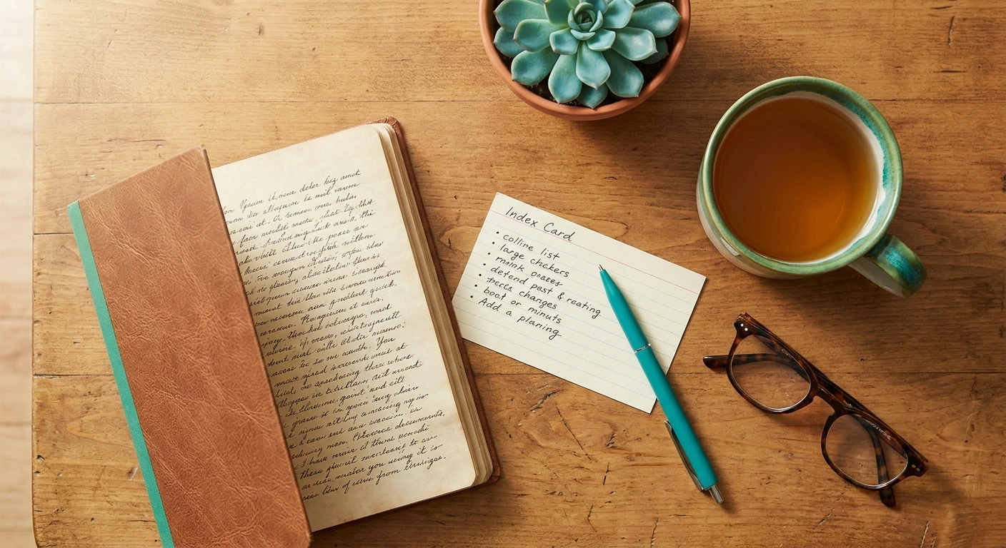 Overhead view of a kitchen table with a handwritten symptom log, an index card of questions, reading glasses, and a cup of tea.