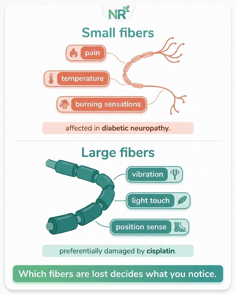Infographic comparing small nerve fibers that carry pain and temperature with large nerve fibers that carry vibration and position sense.