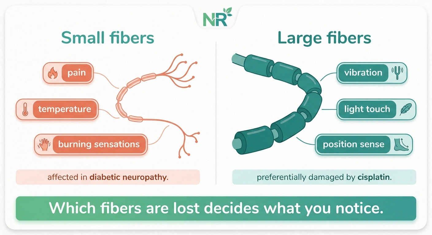 Infographic comparing small nerve fibers that carry pain and temperature with large nerve fibers that carry vibration and position sense.