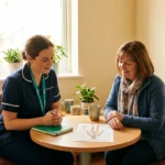 Clinician seated beside a patient in a bright consultation room, reviewing a simple nerve diagram together at a small table.