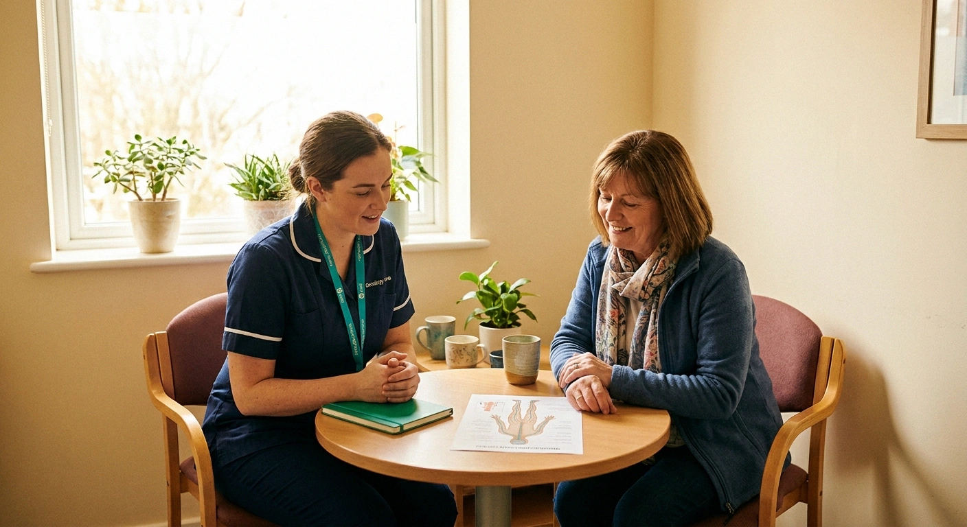 Clinician seated beside a patient in a bright consultation room, reviewing a simple nerve diagram together at a small table.