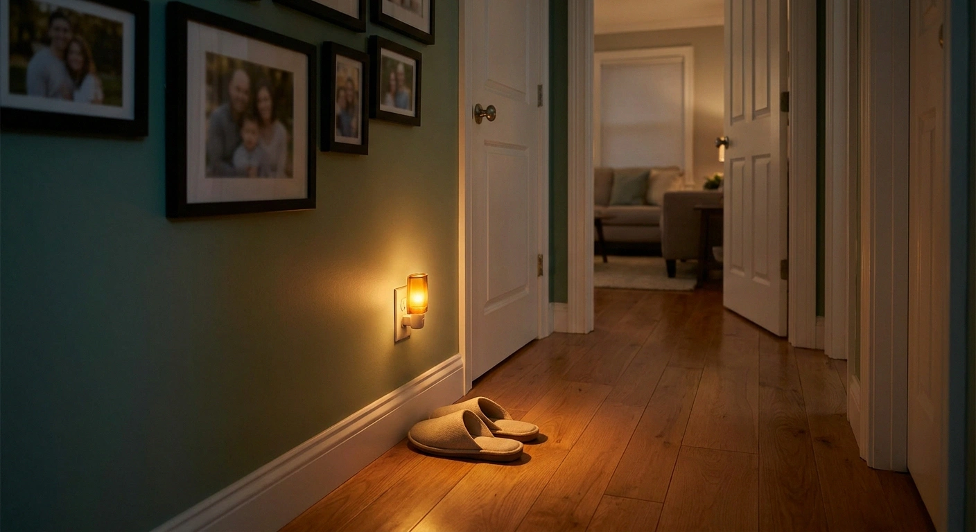 Home hallway at dusk lit by a low plug-in nightlight, with a clear uncluttered floor and supportive slippers beside a doorway.