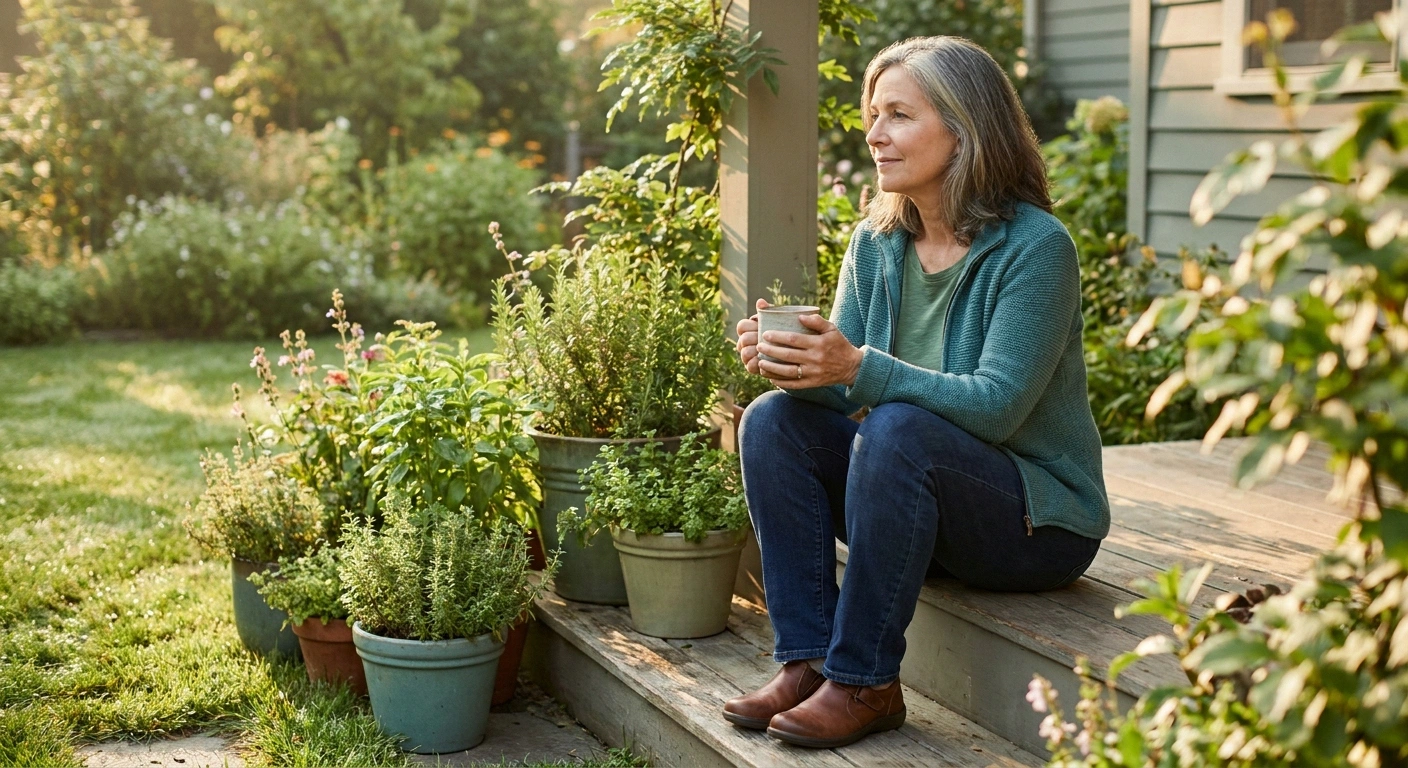 Woman in her late fifties sitting calmly on a back porch step in morning light, holding a mug and looking out at a green garden.