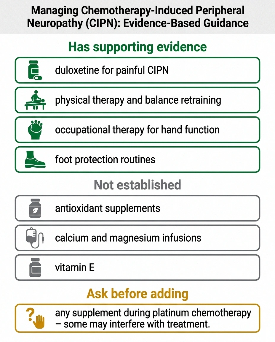 Three-column infographic separating evidence-backed approaches to chemotherapy neuropathy from unproven ones and from those requiring oncologist approval.
