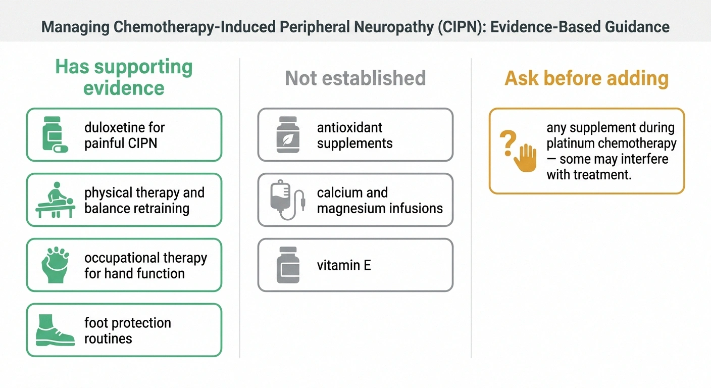 Three-column infographic separating evidence-backed approaches to chemotherapy neuropathy from unproven ones and from those requiring oncologist approval.