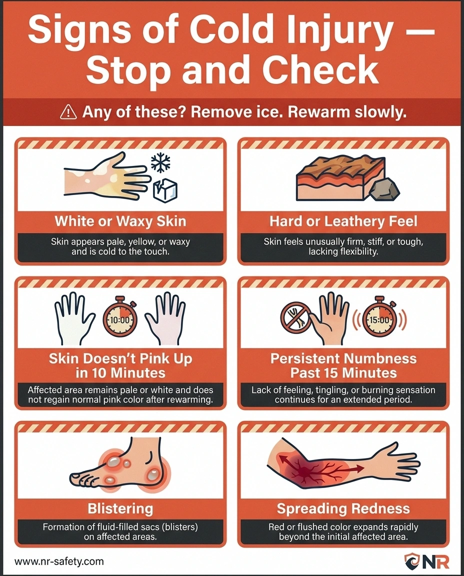 Warning signs of a cold injury from ice pack use displayed as an infographic