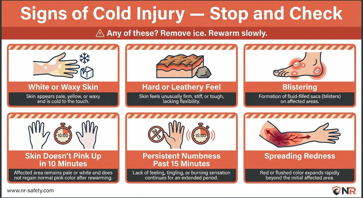 Warning signs of a cold injury from ice pack use displayed as an infographic