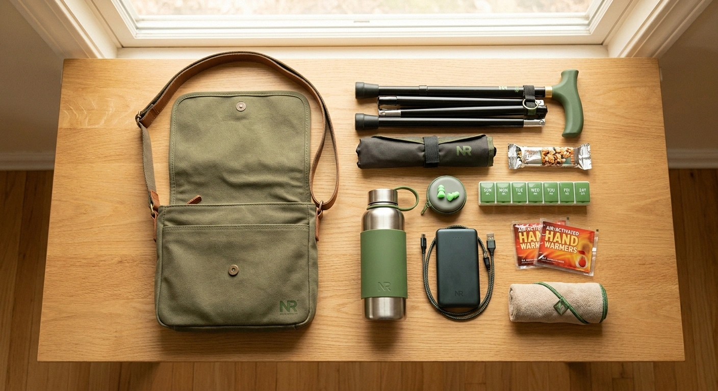 Overhead flat-lay of a concert-night bag with cane-seat, water bottle, earplugs, snacks, medications, and phone battery for neuropathy