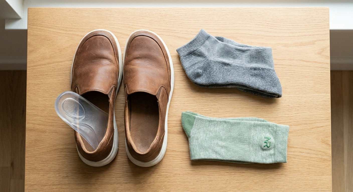 Flat-lay of neuropathy-friendly concert shoes with wide toe box, cushioned insole, merino socks, and light compression socks