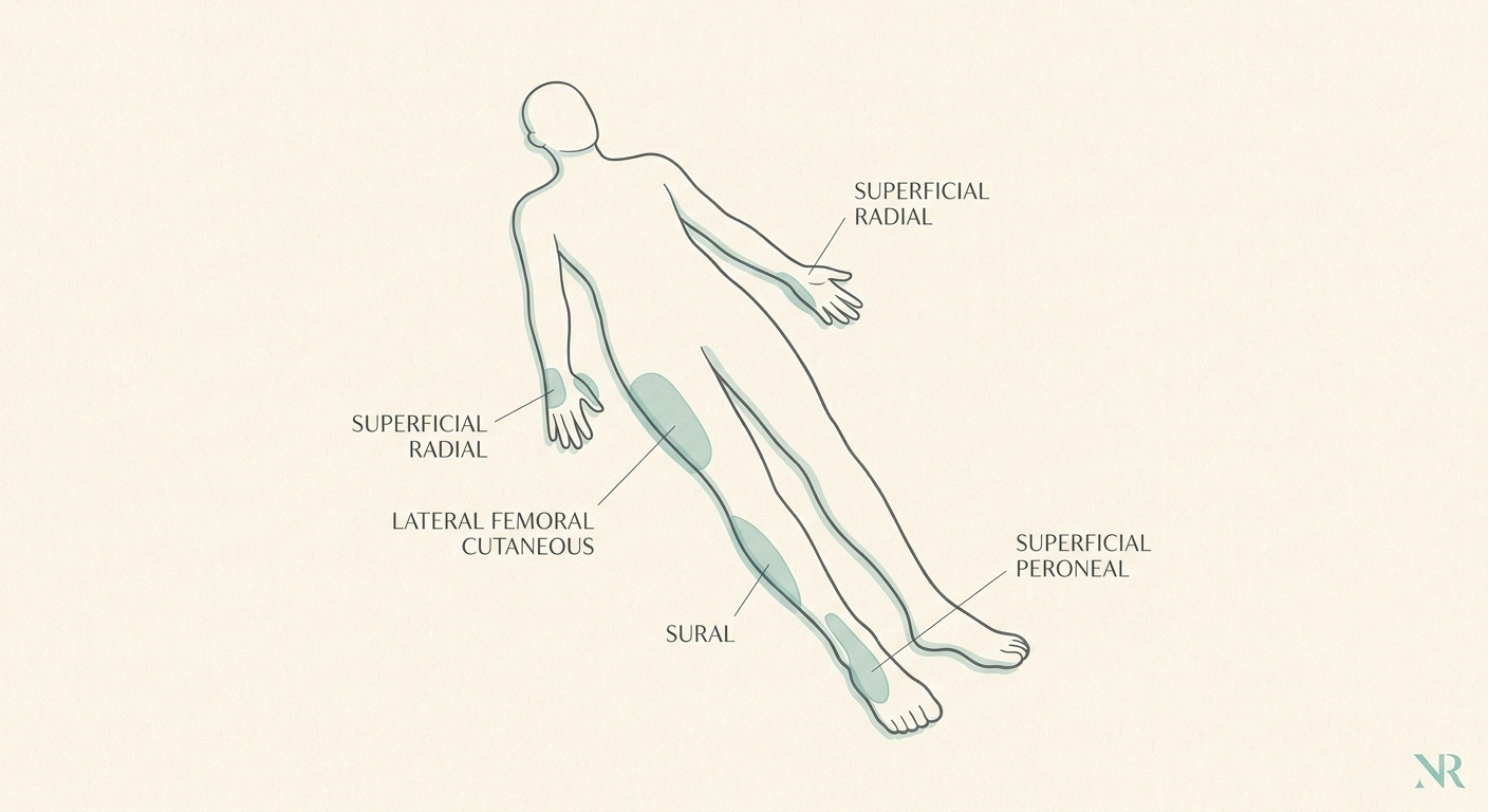 Anatomical illustration showing the cutaneous nerve territories most commonly affected by Wartenberg's migrant sensory neuritis