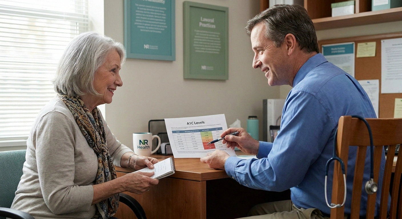 Older woman and her doctor reviewing a personalized A1C target chart during a diabetes checkup appointment