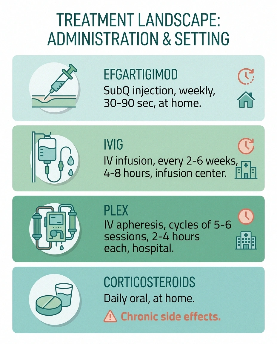 Comparison of efgartigimod, IVIG, plasma exchange, and corticosteroids for CIDP treatment showing route, frequency, and setting