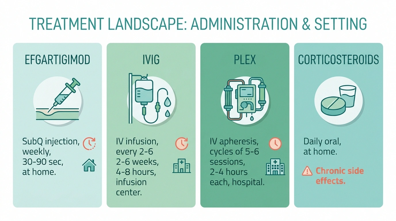 Comparison of efgartigimod, IVIG, plasma exchange, and corticosteroids for CIDP treatment showing route, frequency, and setting