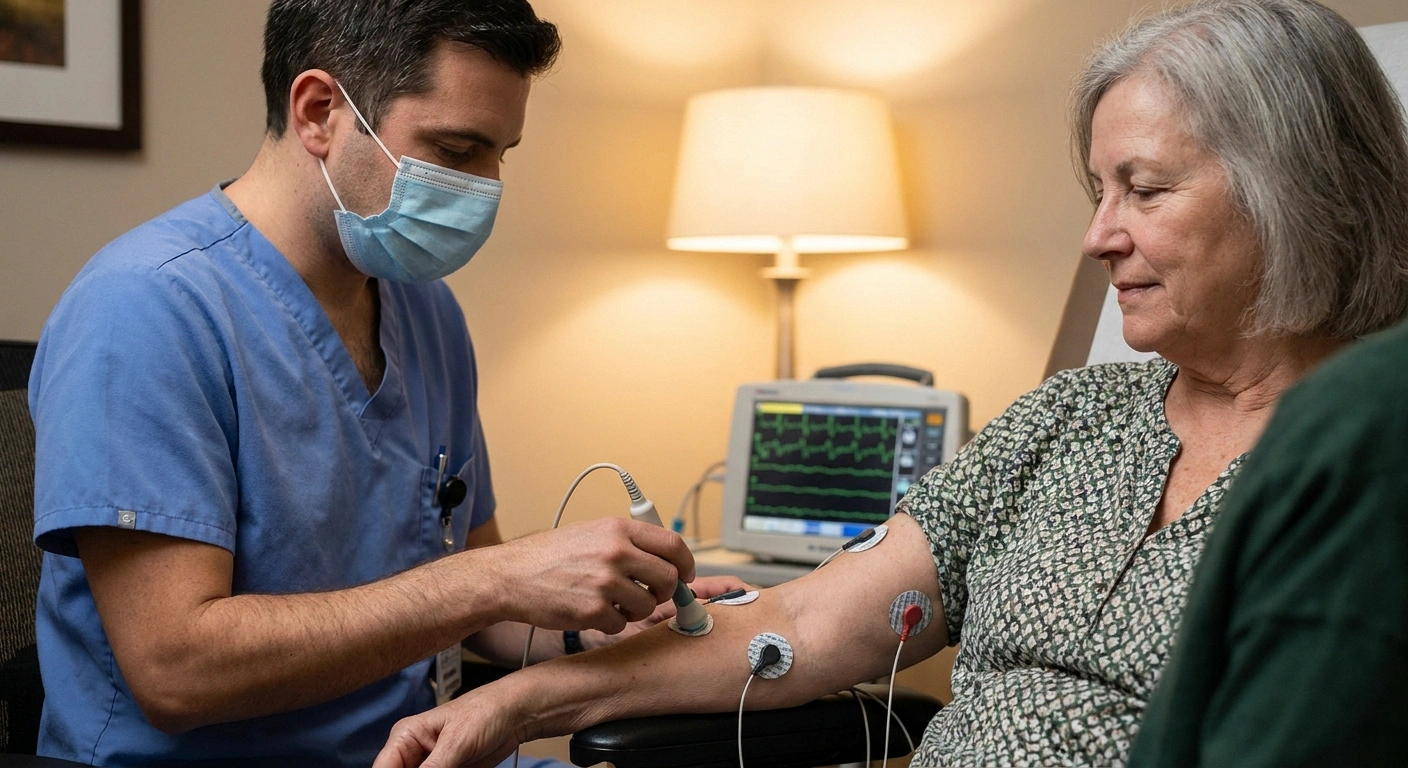 Neurologist conducting a nerve conduction study on a patient's forearm in a clinic