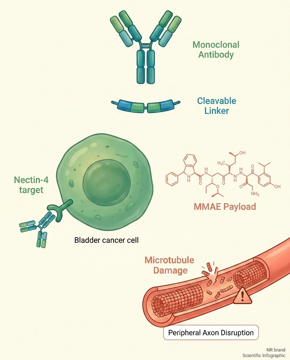 Infographic showing the enfortumab vedotin antibody-drug conjugate structure and how its MMAE payload disrupts microtubules in peripheral axons.