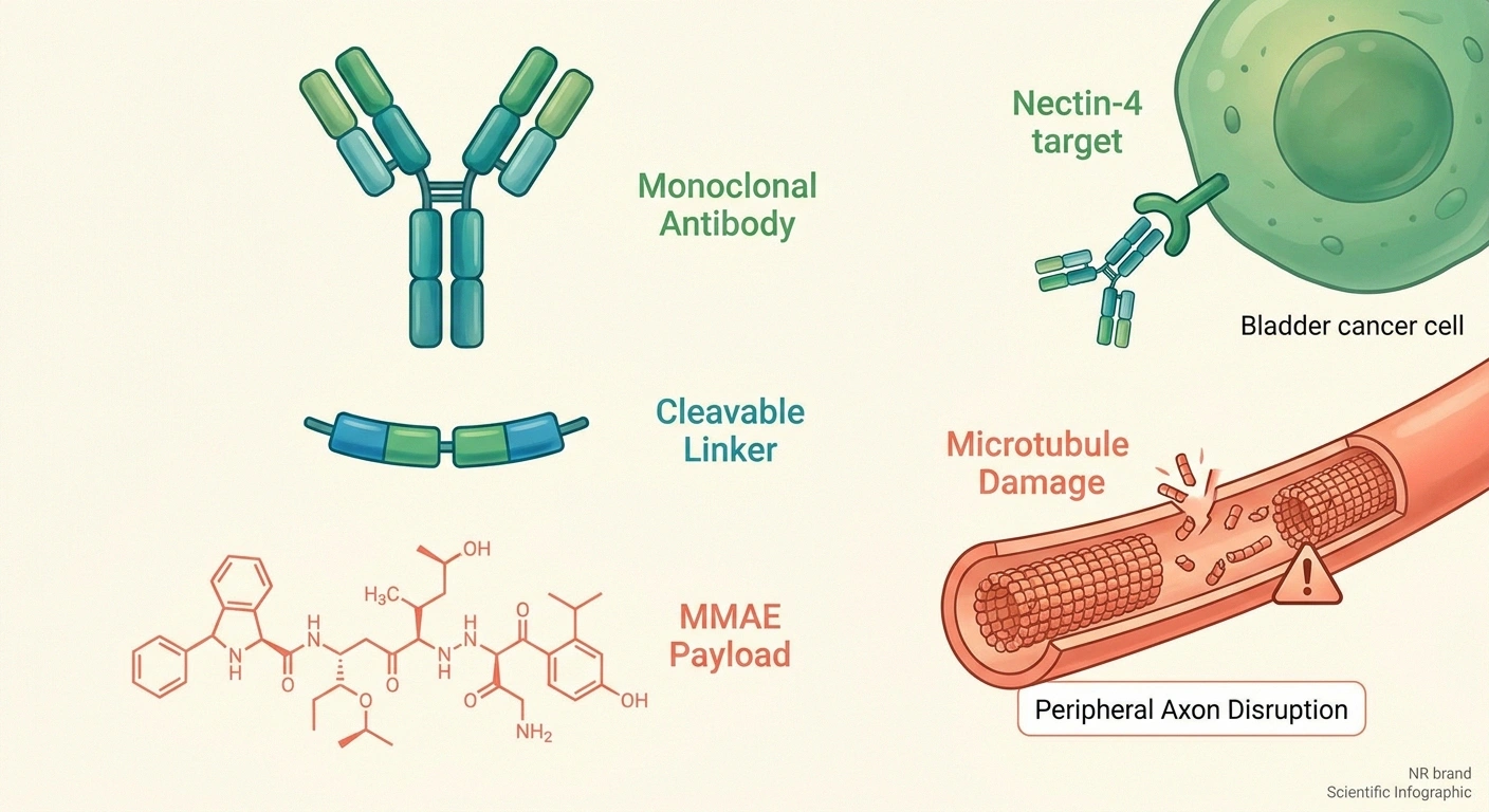 Infographic showing the enfortumab vedotin antibody-drug conjugate structure and how its MMAE payload disrupts microtubules in peripheral axons.