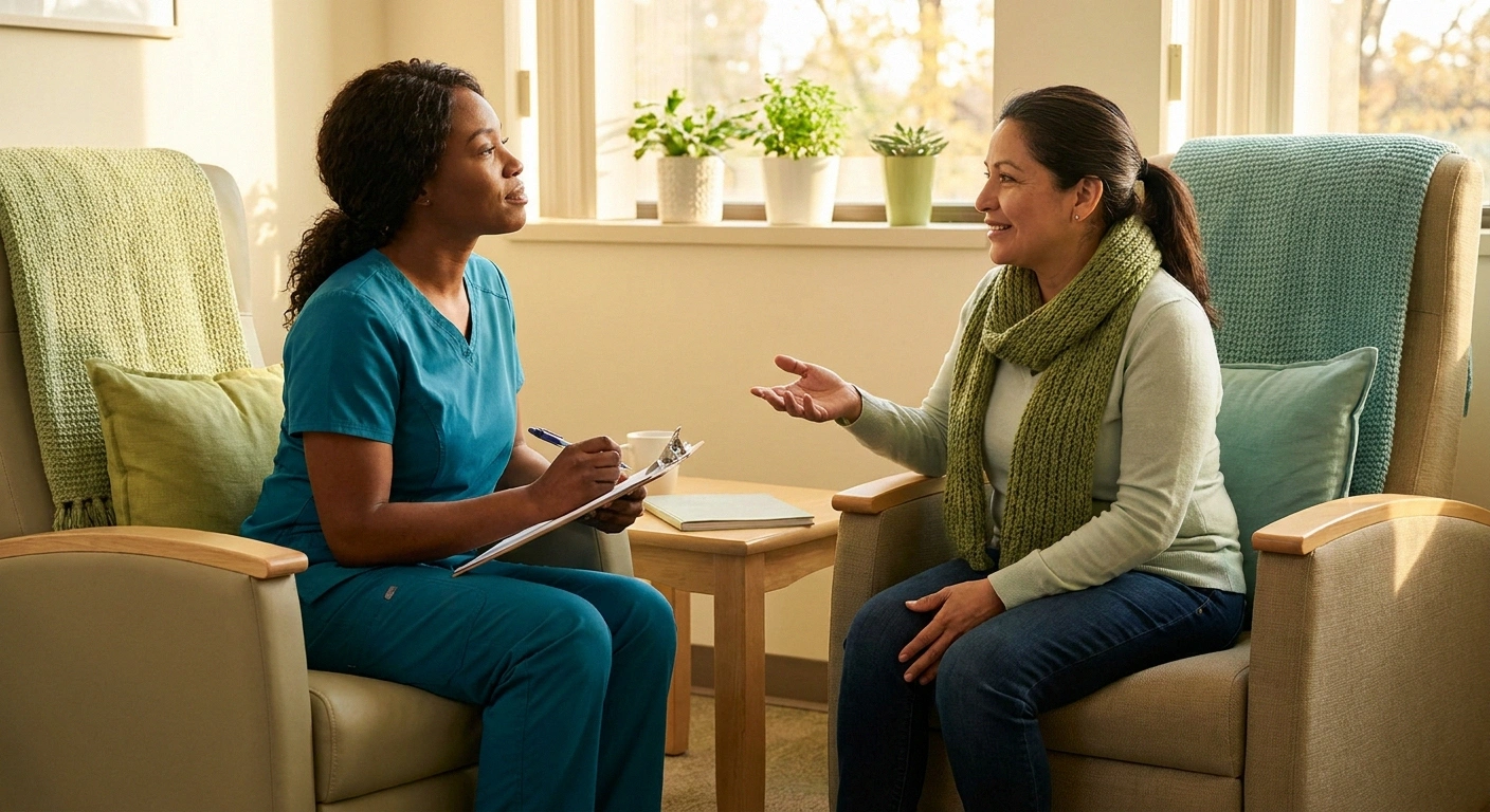 Patient and oncology nurse in a treatment room having a collaborative conversation with the nurse taking notes.