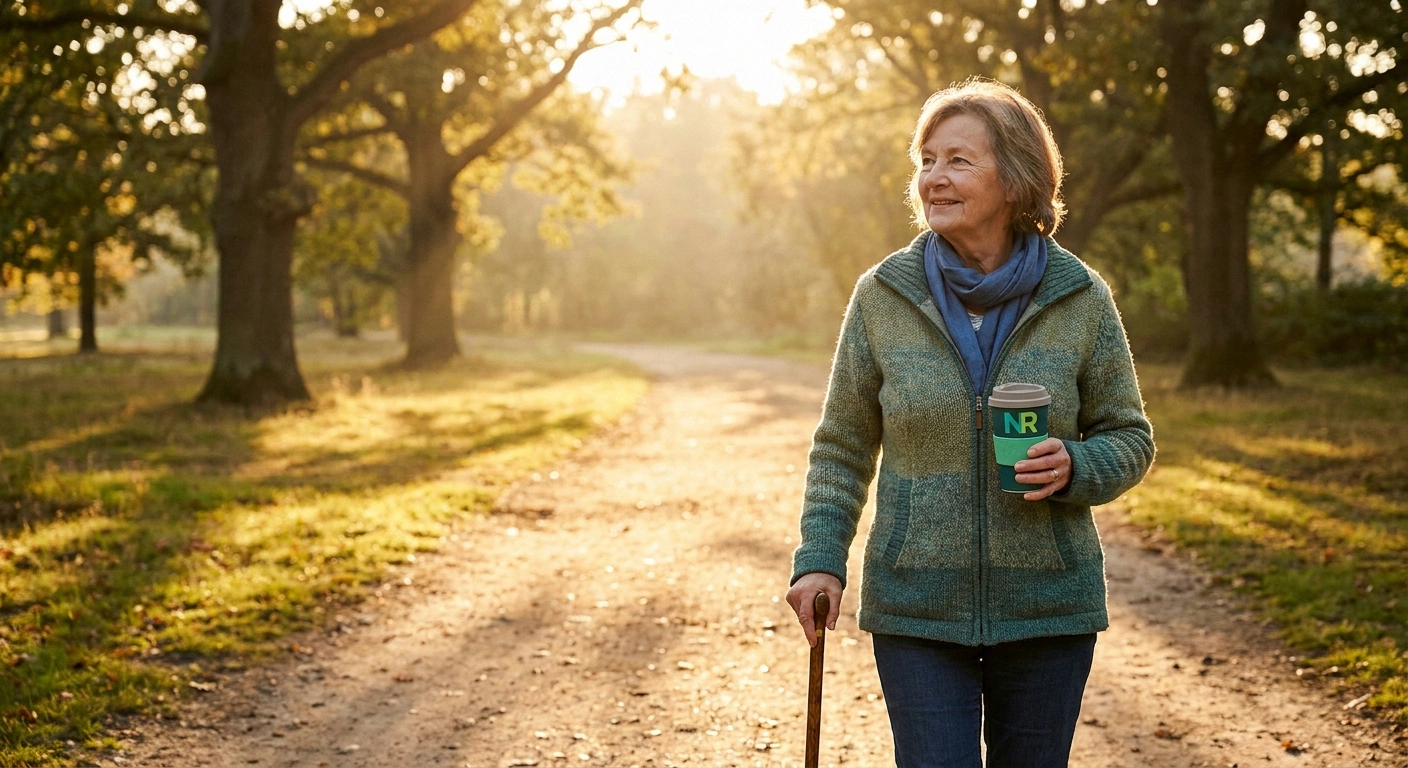Older adult walking a park path in morning light with a cane held loosely for balance, illustrating recovery and forward motion.