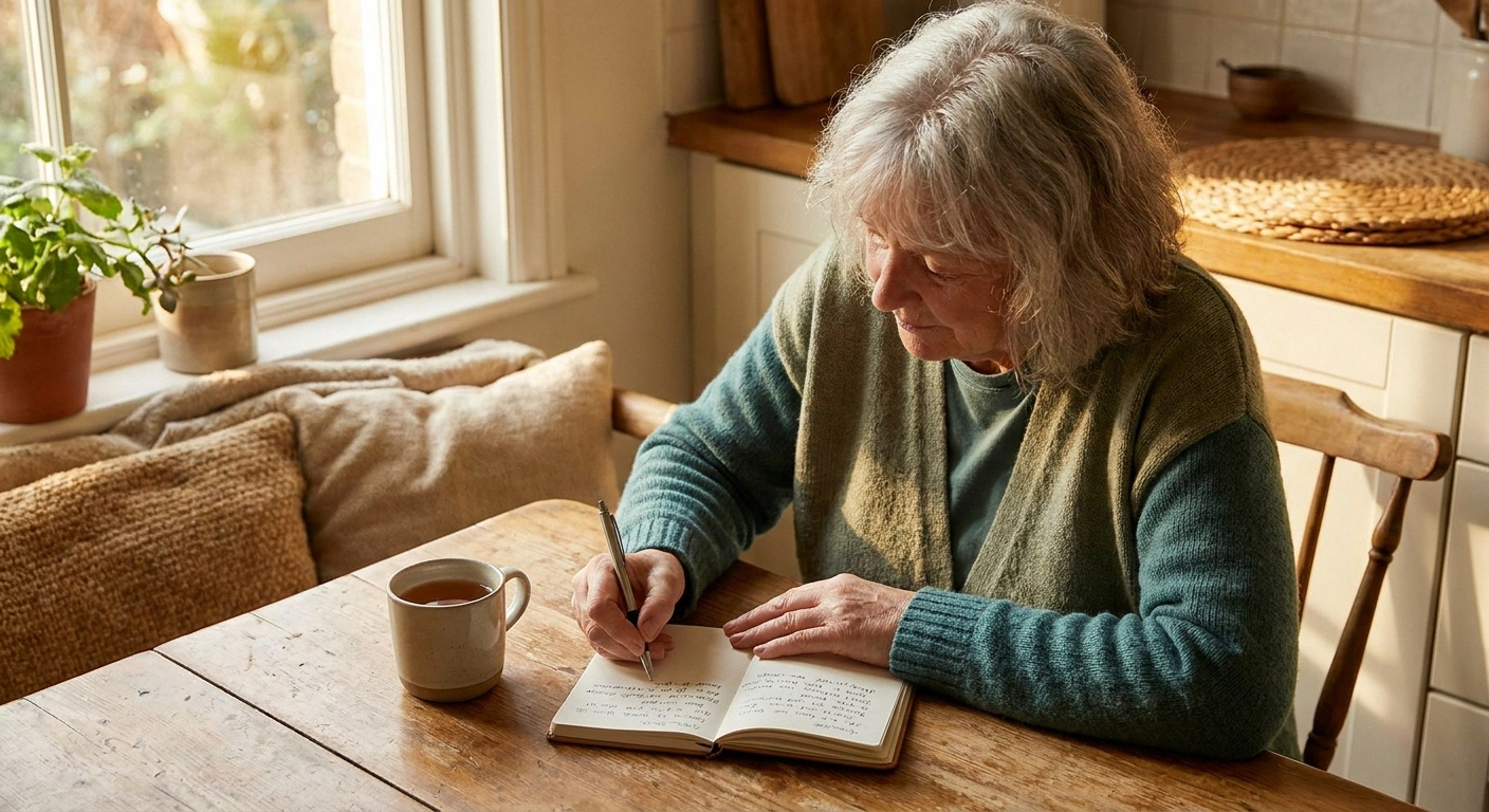 Older patient at a kitchen table with tea, writing symptom notes in a small notebook.