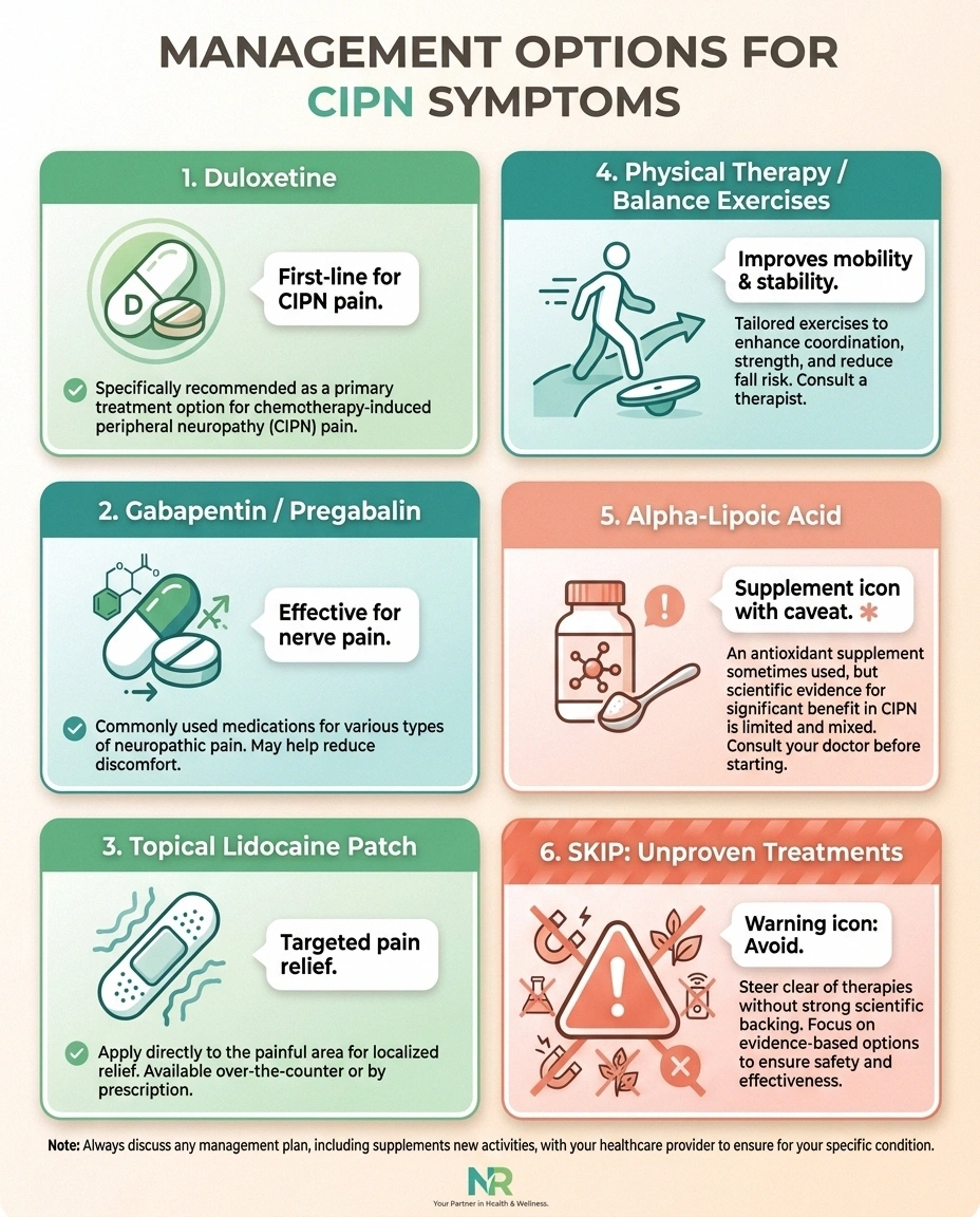Grid infographic showing six symptom management options for enfortumab vedotin neuropathy including duloxetine, gabapentin, lidocaine patches, physical therapy, alpha-lipoic acid, and what to avoid.