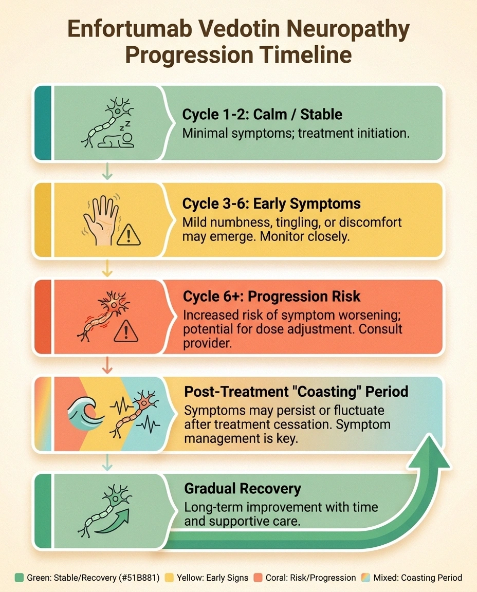 Horizontal timeline showing enfortumab vedotin peripheral neuropathy onset by treatment cycle, coasting after last dose, and gradual recovery.