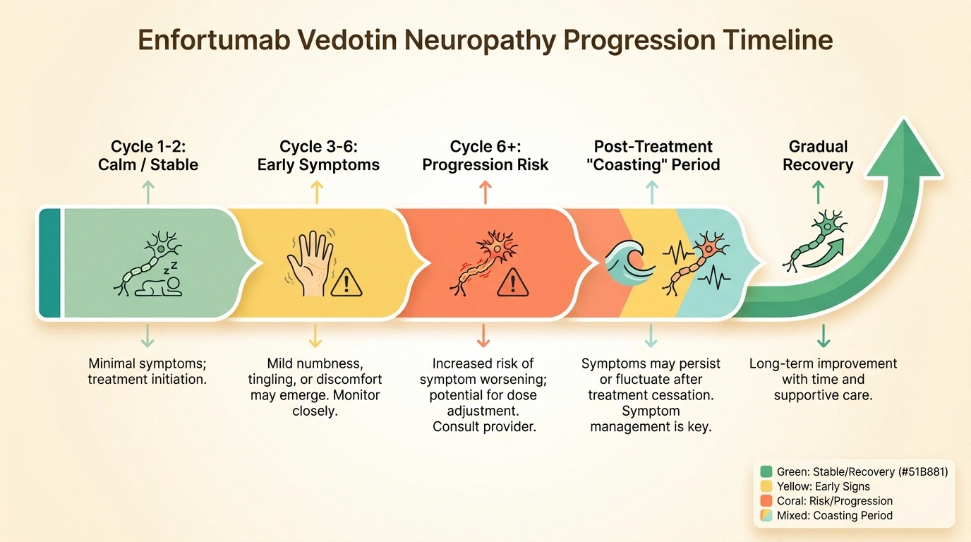Horizontal timeline showing enfortumab vedotin peripheral neuropathy onset by treatment cycle, coasting after last dose, and gradual recovery.