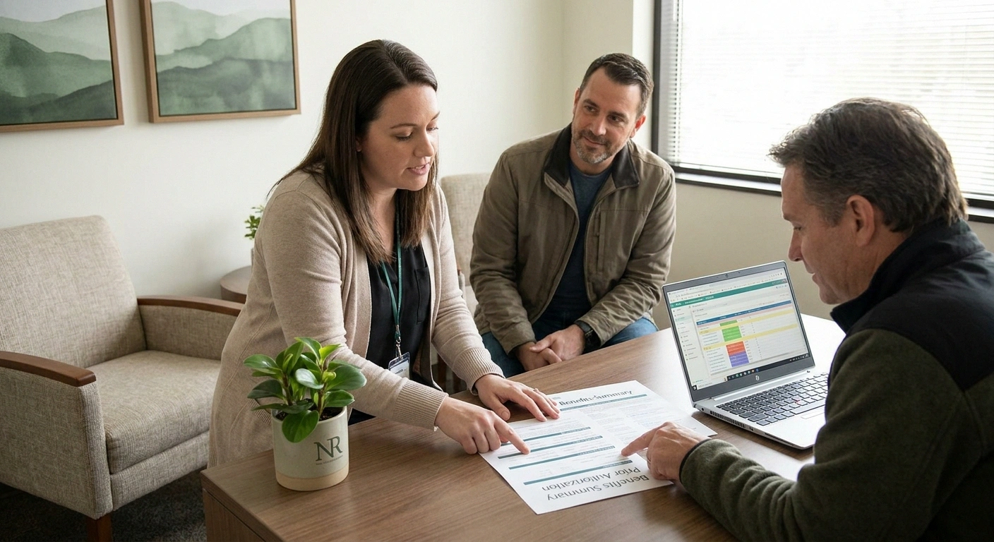 Patient support coordinator reviewing eplontersen insurance coverage and prior authorization paperwork with a patient