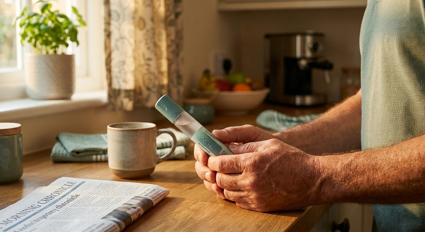 Patient holding an eplontersen autoinjector pen at home before administering a monthly subcutaneous injection