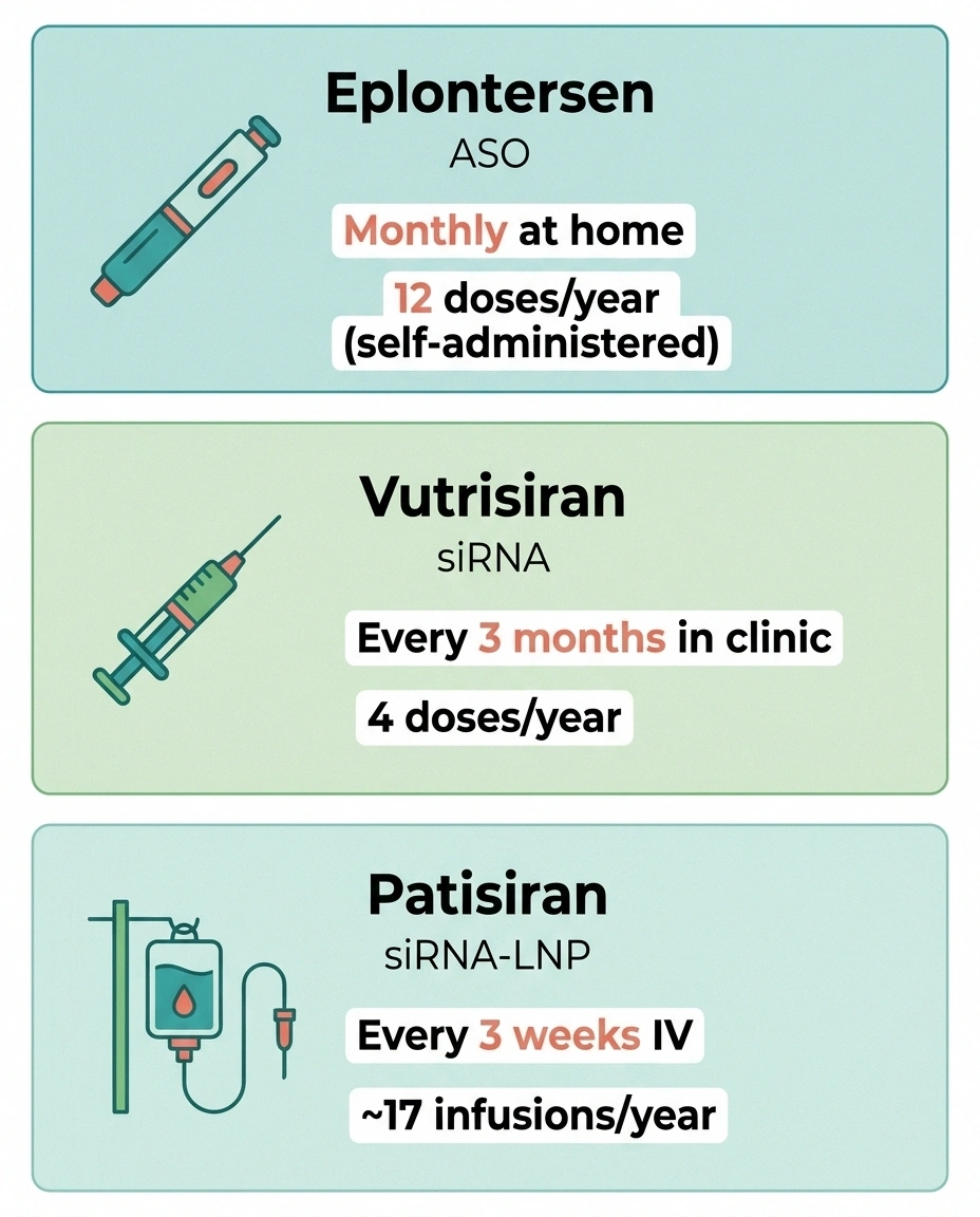 Comparison of eplontersen, vutrisiran, and patisiran showing dosing frequency and administration routes for hATTR polyneuropathy