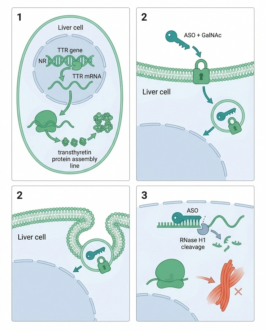 Diagram showing how eplontersen antisense oligonucleotide binds TTR mRNA and triggers RNase H1 degradation in liver cells