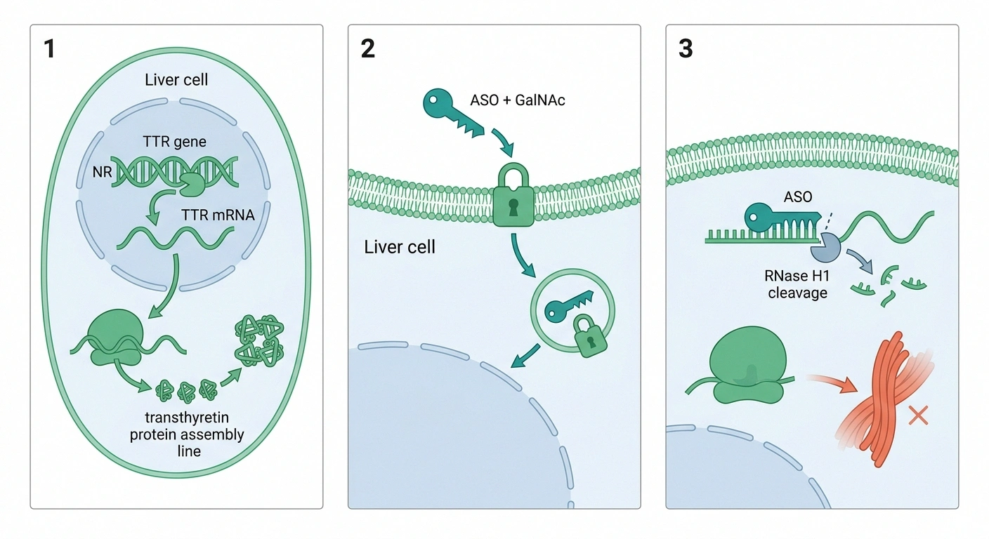 Diagram showing how eplontersen antisense oligonucleotide binds TTR mRNA and triggers RNase H1 degradation in liver cells