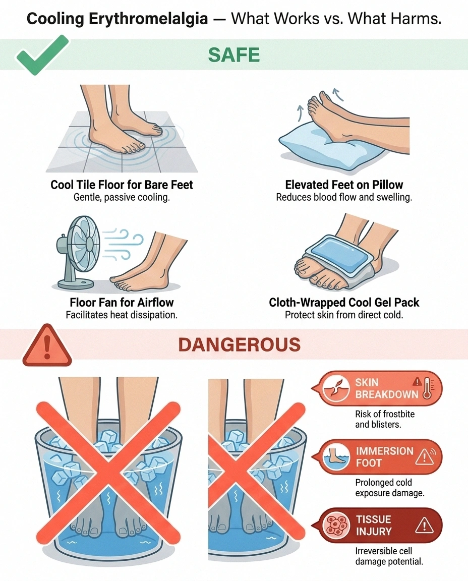Infographic contrasting safe erythromelalgia cooling methods with dangerous ice-water immersion causing tissue injury.