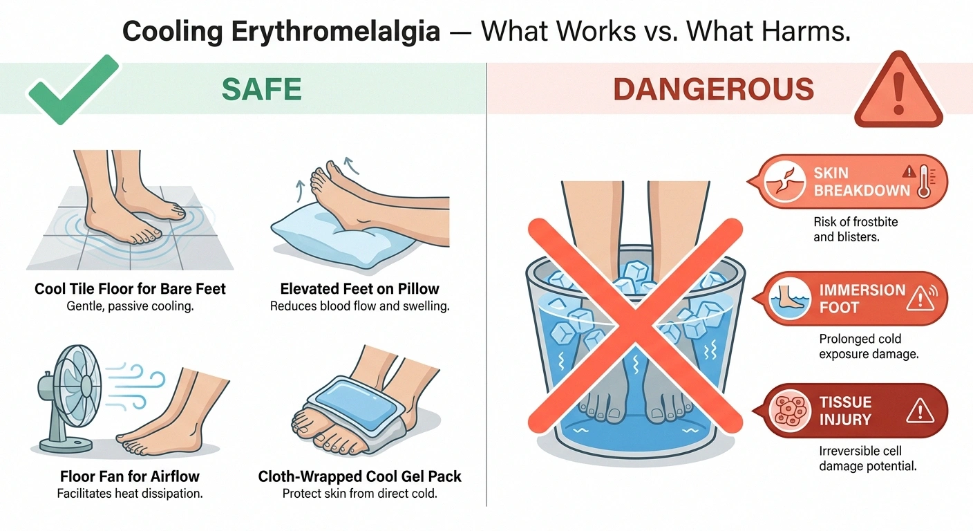 Infographic contrasting safe erythromelalgia cooling methods with dangerous ice-water immersion causing tissue injury.