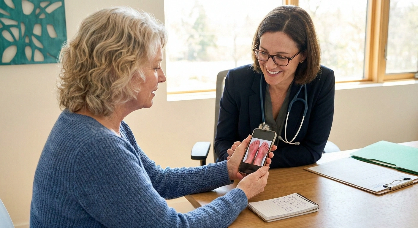 Woman shows neurologist a photo of her red feet during an active flare while asking prepared questions at a specialist visit.