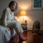 Woman in her 60s sits at bedside cooling reddened bare feet with a floor fan during evening erythromelalgia flare.