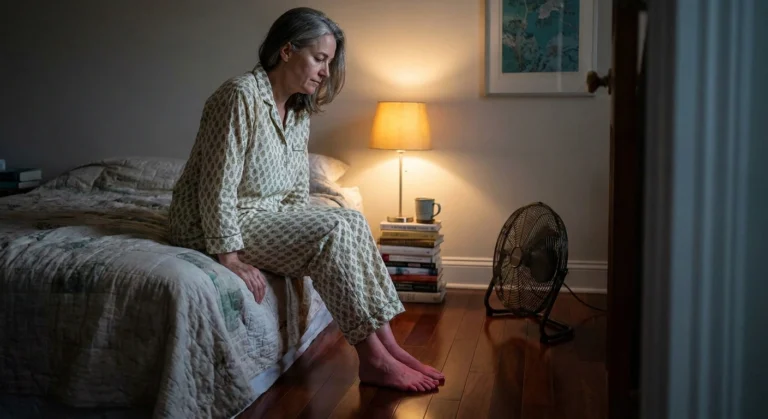Woman in her 60s sits at bedside cooling reddened bare feet with a floor fan during evening erythromelalgia flare.